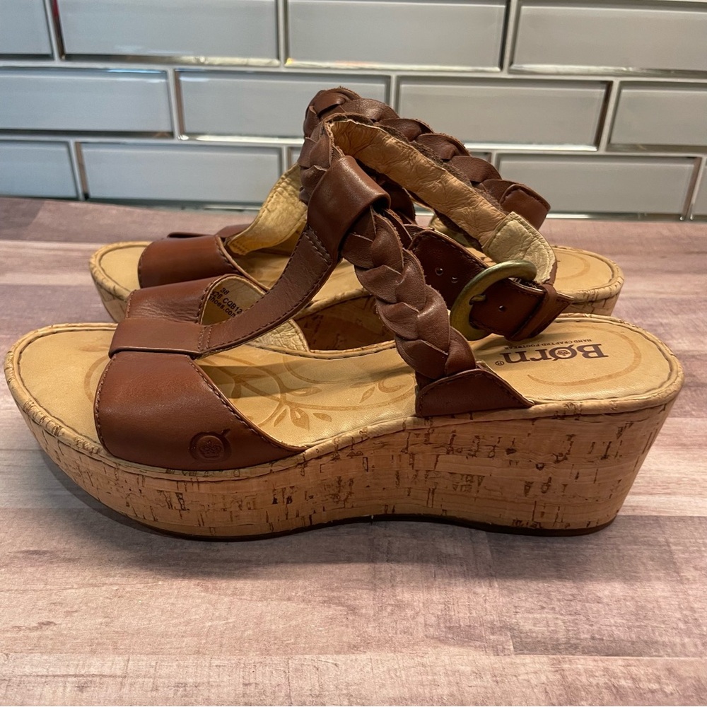 Born Laurene In Saddle Brown Braided Leather Cork Wedge Sandals Size 7 - Picture 6 of 12